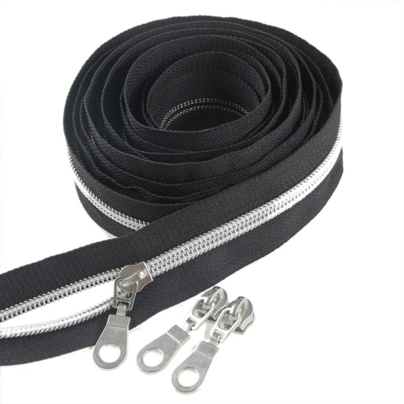 Leekayer #5 Silver Metallic Nylon Coil Zippers by The Yard Bulk 10 Yards Black Tape with 25pcs Silver Sliders for DIY Sewing Tailor Craft Bag(Black) - Image 1